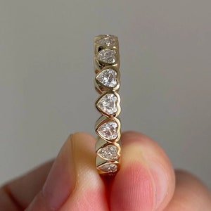 3mm or 4mm Heart Cut Moissanite Full Eternity Bezel Set Wedding Band In 14K Yellow Gold/ 925 Silver Simulant Diamond Stackable Matching Band