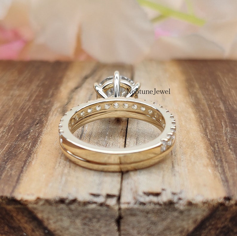 14K Yellow Gold Bridal Set / 2 CT Round Cut Moissanite Engagement Ring Set / Lab Diamond Solitaire Ring Set / 2 Pieces Ring / Bridal Set image 4