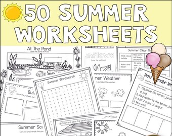 May include: A collection of 50 black and white printable summer-themed worksheets for kids. The worksheets include activities like coloring, word searches, and writing prompts. The worksheets are designed to help children learn about summer and its associated activities.