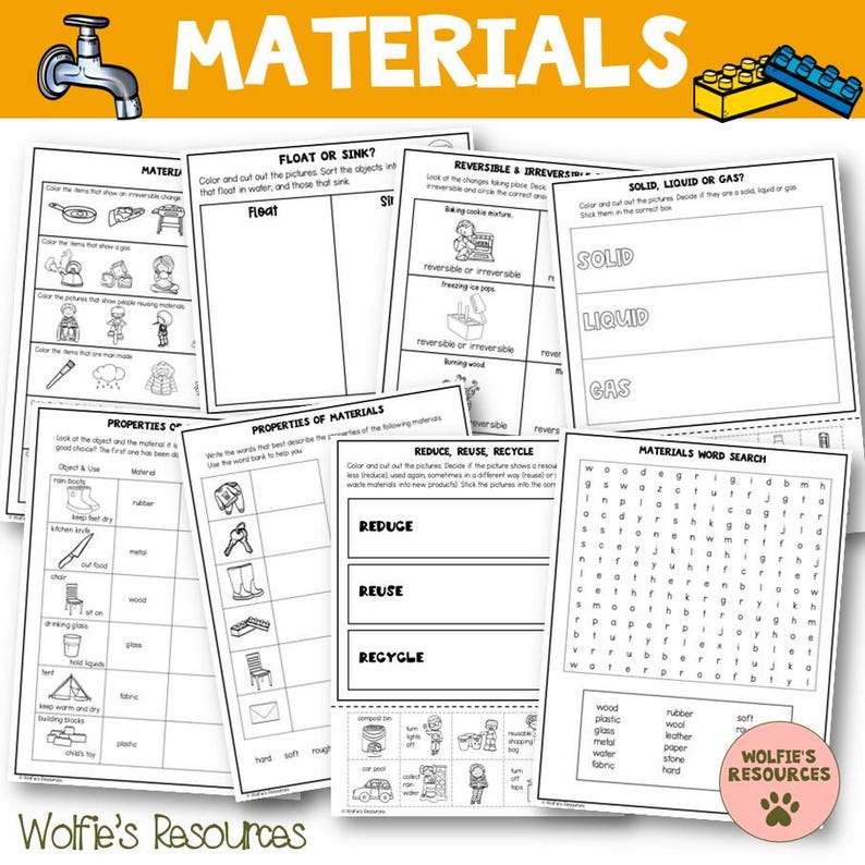 May include: Educational worksheets with the word "MATERIALS" at the top. The worksheets cover topics like floating and sinking, reversible and irreversible changes, and identifying solids, liquids, and gases. There is also a word search.