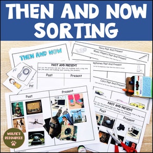 May include: A set of printable worksheets for children to learn about past and present technology. The worksheets feature images of old and new phones, cameras, cars, and music players. The text on the worksheets says "Then and Now Sorting" and "Past and Present".