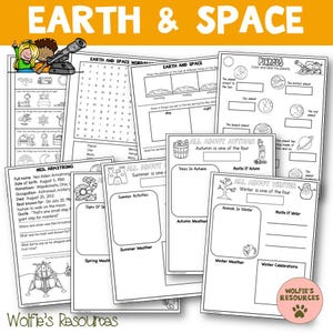 May include: A collection of educational worksheets with the title "Earth & Space." The worksheets cover topics like planets, seasons, and Neil Armstrong. The image includes illustrations of children, a telescope, and various activity pages.