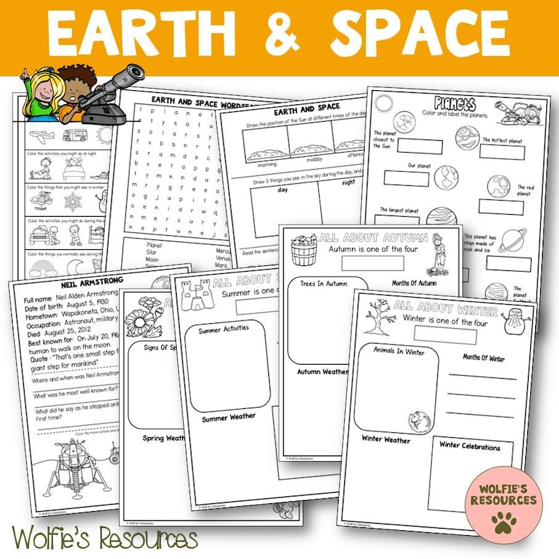 May include: A collection of educational worksheets with the title "Earth & Space." The worksheets cover topics like planets, seasons, and Neil Armstrong. The image includes illustrations of children, a telescope, and various activity pages.