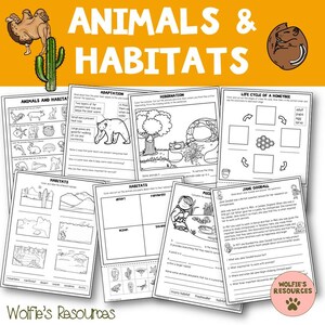 May include: A collection of educational worksheets with the title "ANIMALS & HABITATS" in large orange letters. The worksheets cover topics like adaptation, hibernation, and habitats, with illustrations of animals and environments. The bottom left corner has the text "Wolfie's Resources".