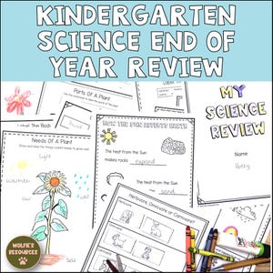 May include: A set of printable worksheets for kindergarten science review. The worksheets cover topics such as parts of a plant, needs of a plant, how the sun affects Earth, and herbivore, omnivore, and carnivore. The worksheets are black and white with colourful illustrations.