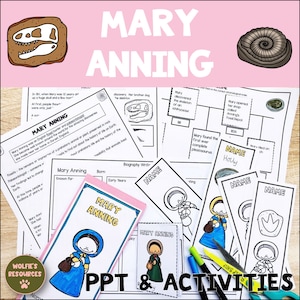 Könnte beinhalten: Ein Satz druckbarer Lernaktivitäten für Kinder über Mary Anning, eine berühmte englische Fossiliensammlerin. Das Set enthält eine Biografie-Vorlage, eine Zeitleiste und ein Namensschild. Die Aktivitäten sind mit Schwarzweißzeichnungen von Mary Anning, Fossilien und Dinosauriern illustriert.