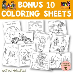 May include: A collection of ten coloring sheets with various educational themes, including Planet Earth, magnets, and the wheat life cycle. The sheets feature black and white illustrations suitable for children's activities. The title "BONUS 10 COLORING SHEETS" is displayed in orange.