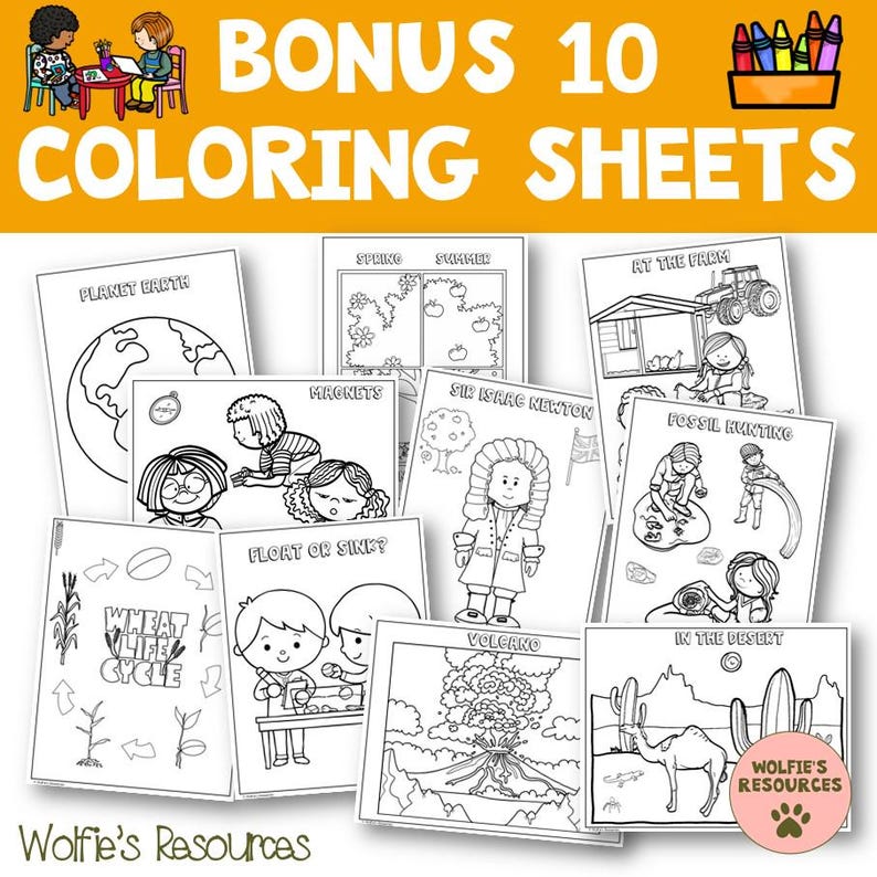 May include: A collection of ten coloring sheets with various educational themes, including Planet Earth, magnets, and the wheat life cycle. The sheets feature black and white illustrations suitable for children's activities. The title "BONUS 10 COLORING SHEETS" is displayed in orange.