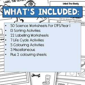 50 science worksheets what's included.  Science sorting activities, labeling activities, life cycle worksheets, science coloring sheets,