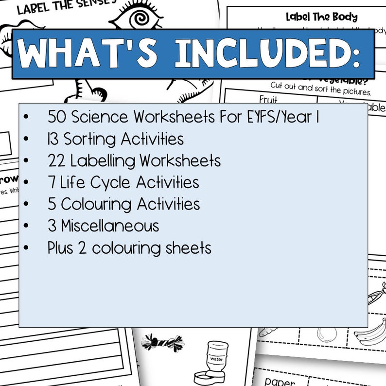 50 science worksheets what's included.  Science sorting activities, labeling activities, life cycle worksheets, science coloring sheets,