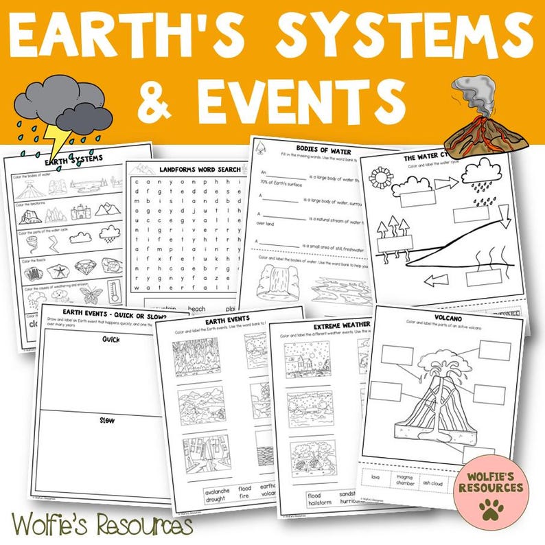 May include: A collection of printable educational worksheets with the title "EARTH'S SYSTEMS & EVENTS". The worksheets cover topics like Earth systems, landforms, bodies of water, and extreme weather. Includes a word search and volcano diagram.