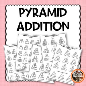 Puede incluir: Hojas de trabajo imprimibles en blanco y negro con cuadrículas en forma de pirámide para practicar la suma. Las hojas de trabajo están etiquetadas como "Number Addition Pyramids" con diferentes rangos de números: 0-1000, 0-100 y 20-50.
