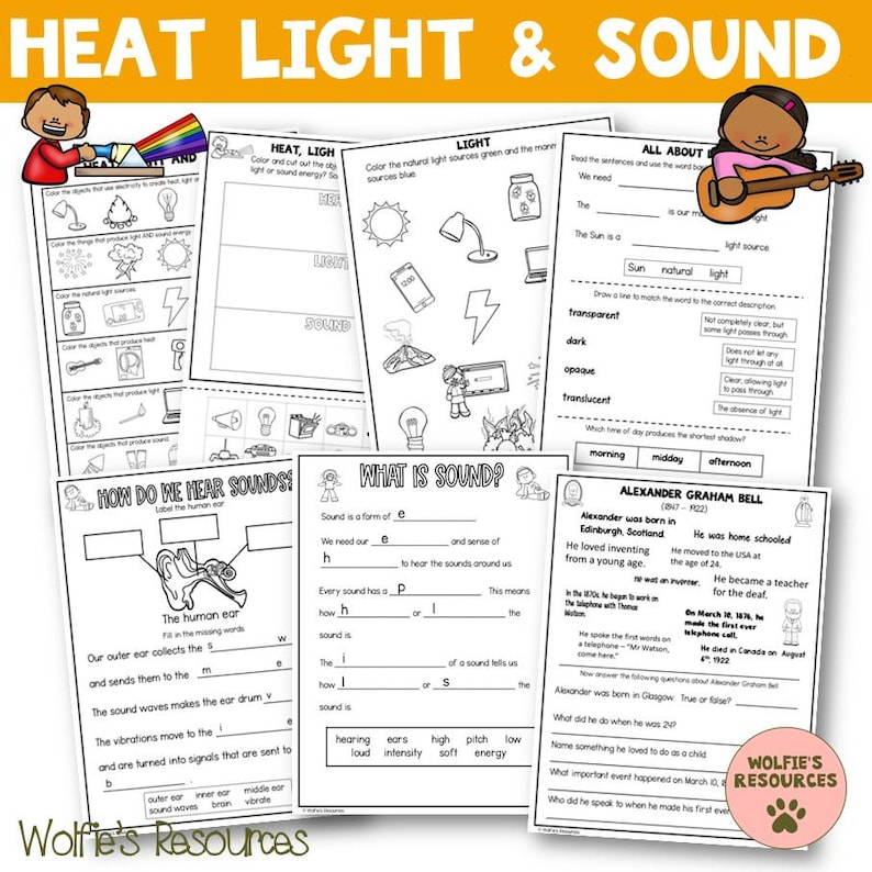 May include: Educational worksheets on heat, light, and sound, featuring illustrations of light sources, sound waves, and the human ear. Includes text: "HEAT LIGHT & SOUND" and "Wolfie's Resources".