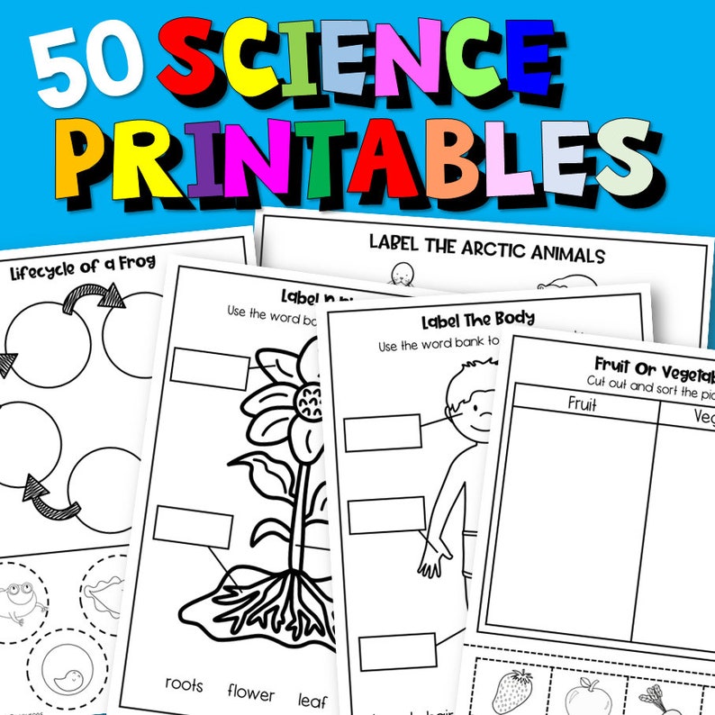 May include: Black and white printable worksheets for kids to learn about science. The worksheets include a life cycle of a frog, labeling parts of a flower, labeling parts of the body, and sorting fruits and vegetables.