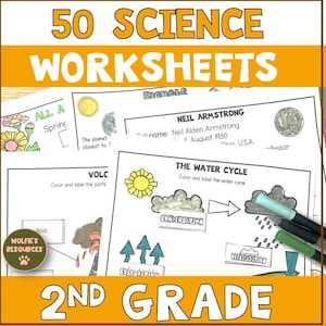 May include: A collection of 50 science worksheets for 2nd grade. The worksheets cover topics like the water cycle, volcanoes, and Neil Armstrong. The image includes colorful illustrations and text labels.