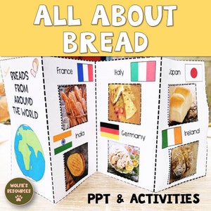 Puede incluir: Un expositor de papel blanco plegado titulado "ALL ABOUT BREAD" con el texto "BREADS FROM AROUND THE WORLD". Presenta imágenes de pan de Francia, Italia, Japón, India, Alemania e Irlanda, junto con sus respectivas banderas. El texto inferior dice "PPT & ACTIVITIES."