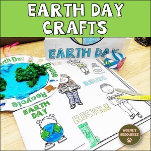 May include: Earth Day crafts for kids.  A printable coloring page with a child holding a globe, a recycling bin, and the words "Recycle", "Reuse", and "Earth Day".