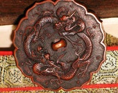 Japanese Kagamibuta Netsuke double dragons Shibuichi 10K gold chain signed dated Taisho period (1912-1926)
