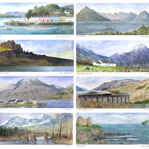 May include: A collection of watercolour paintings depicting various landscapes of Scotland. The paintings feature scenes of mountains, water, and buildings. The titles of the paintings are included in the image.