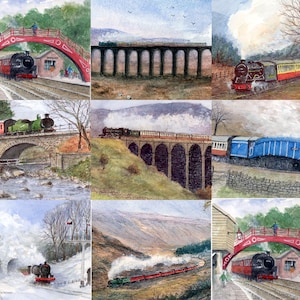 Puede incluir: Nueve acuarelas que representan un tren de vapor viajando a través de un paisaje montañoso. El tren se muestra cruzando un puente, viajando sobre un viaducto y pasando por un túnel. Las pinturas están todas en un estilo similar, con un enfoque en el tren y el paisaje circundante.