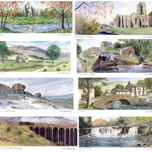 Può includere: Un collage di acquerelli di vari paesaggi nella regione delle Yorkshire Dales in Inghilterra. Le scene includono un'abbazia in pietra, un ponte in pietra, una cascata, una chiusa e un treno su un viadotto.