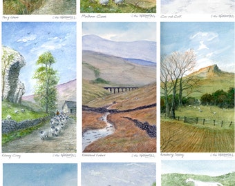 May include: A collection of watercolor paintings depicting various landscapes in the Yorkshire Dales National Park, England. The paintings feature rolling hills, stone walls, sheep, and traditional buildings. The artist's signature, "Coti Williamson", is included in the bottom right corner of each painting.