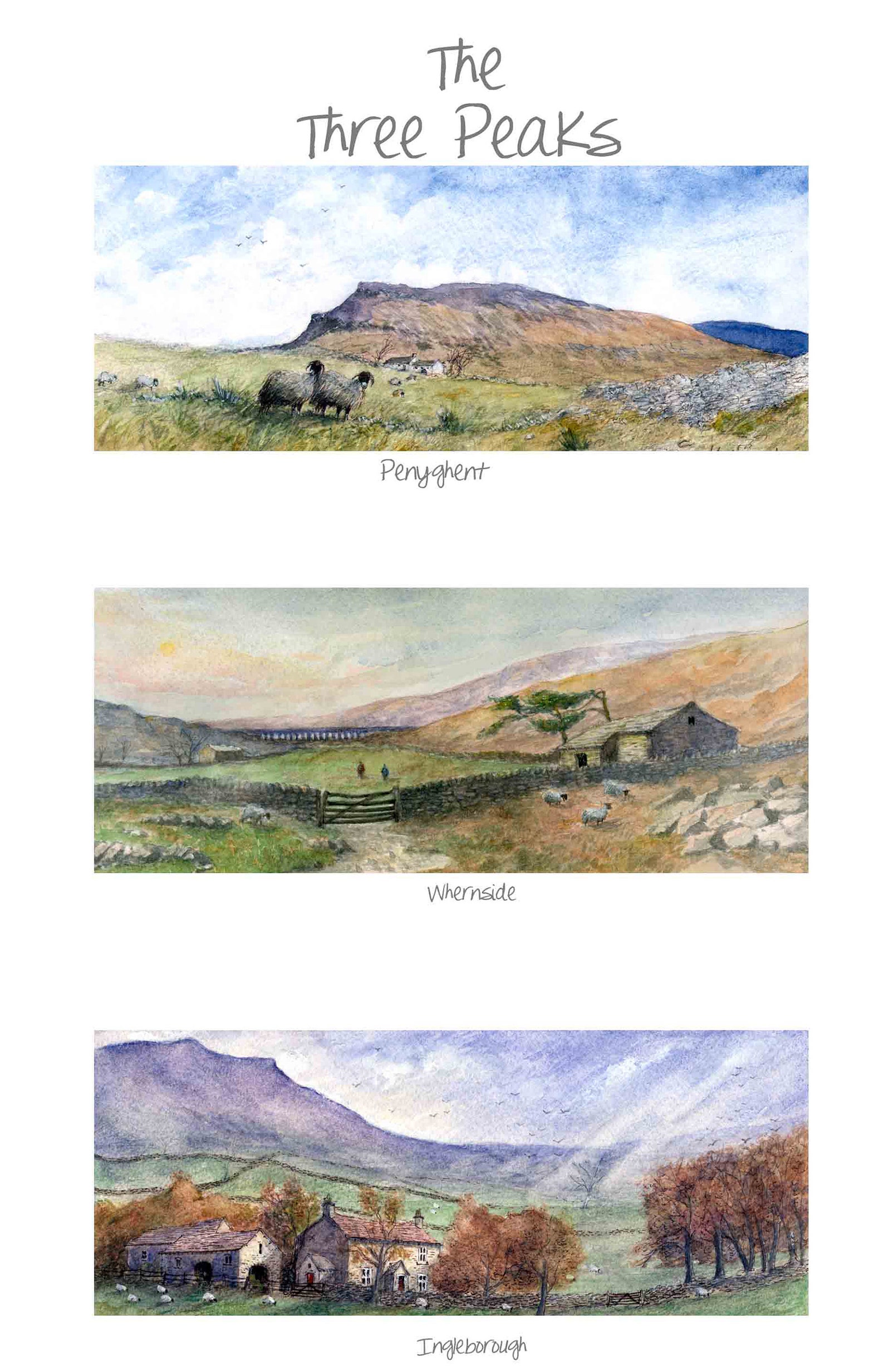 Yorkshire Three Peaks Watercolour Framed or Mounted Prints by Colin
