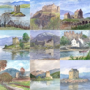 Könnte beinhalten: Ein Aquarellbild von zehn schottischen Schlössern, jedes auf einem separaten Quadrat dargestellt. Die Schlösser sind in verschiedenen Stilen dargestellt, von groß und imposant bis klein und malerisch. Das Bild ist in einem realistischen Stil gemalt, mit Liebe zum Detail in der Architektur und den umliegenden Landschaften.