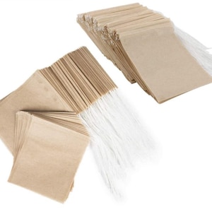 Disposable Unbleached Tea Filter Bags with Drawstring Natural, Compostable Bulk Pack (25/50/100) for Loose Leaf Tea, holds one teaspoon