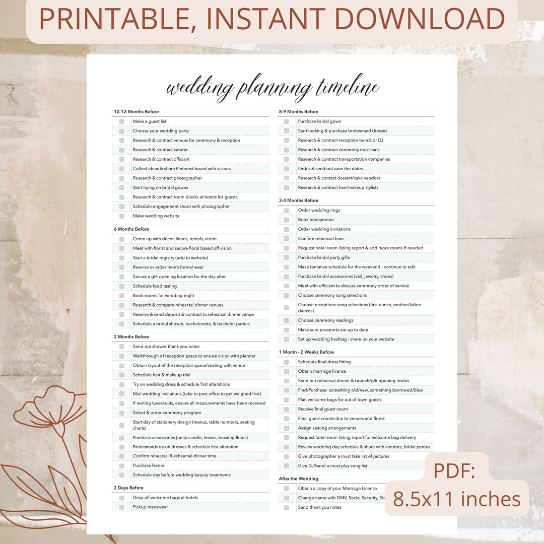 Printable Wedding Timeline, Wedding Checklist, Wedding Planning Timeline, Wedding Timeline ...