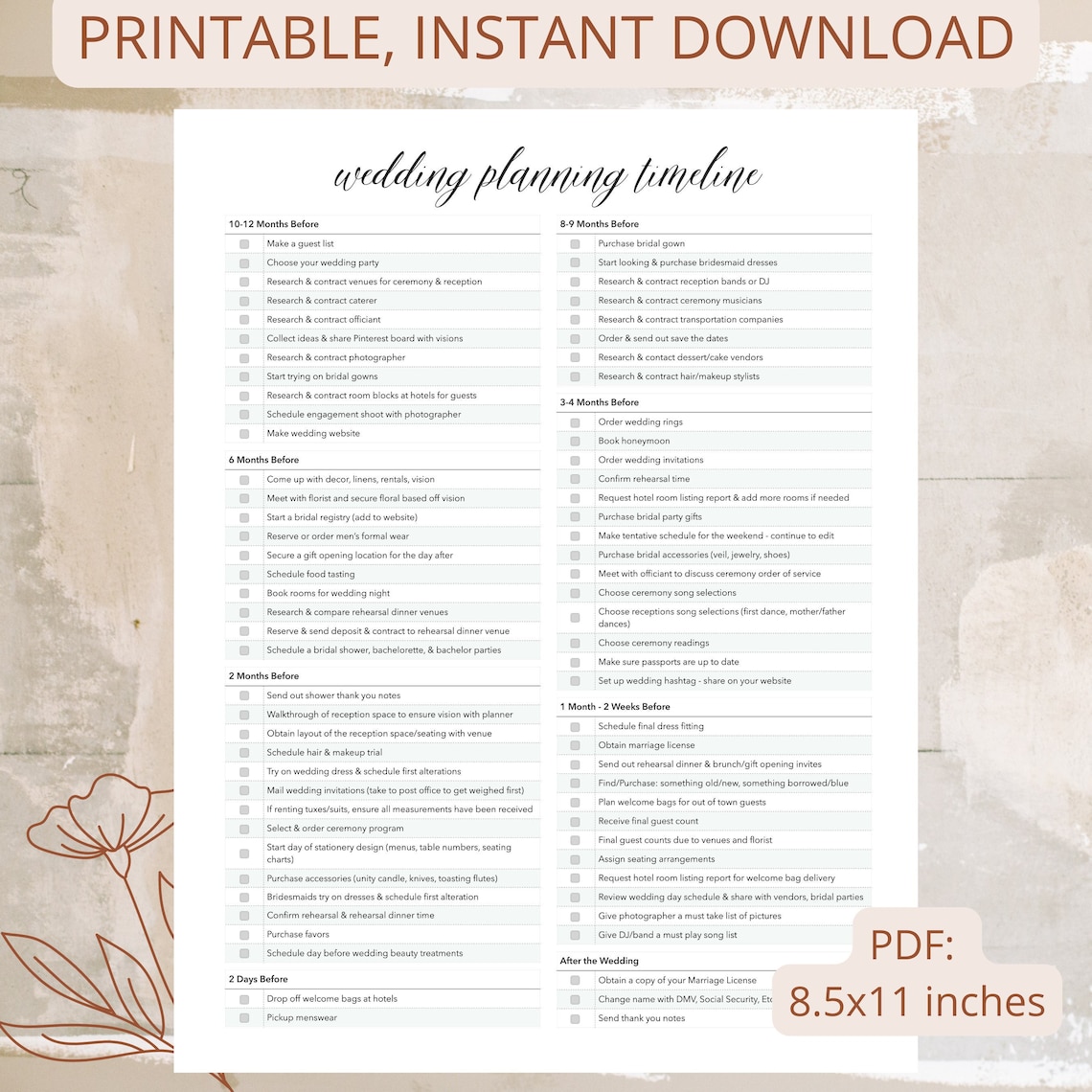Printable Wedding Timeline Wedding Checklist Wedding - Etsy