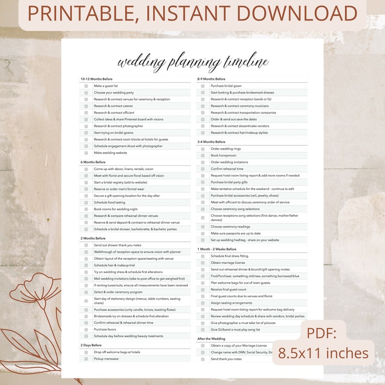 Printable Wedding Timeline, Wedding Checklist, Wedding Planning Timeline, Wedding Timeline ...