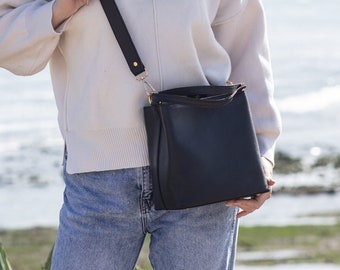 Black Leather Bucket bag, Shoulder bag, Crossbody bag, handmade