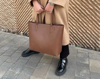 Dark Brown Leather Tote Bag | Large Full Grain Tote with Interior Pocket