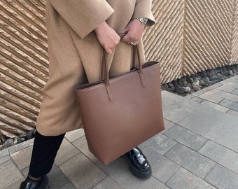 Dark Brown Leather Tote Bag | Large Full Grain Tote with Interior Pocket