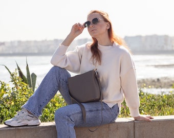 Gray Genuine Leather Bucket bag, Shoulder bag, Crossbody bag, handmade