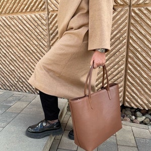 Dark Brown Leather Tote Bag Large Full Grain Tote with Interior Pocket image 2