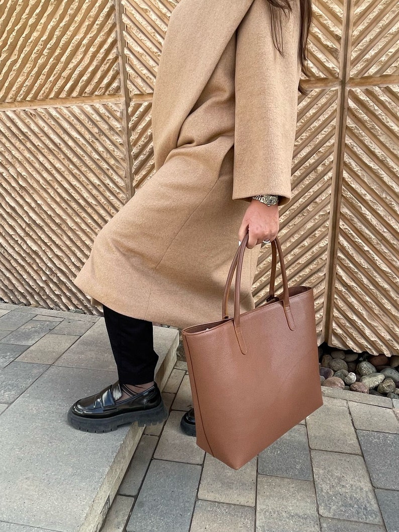 Dark Brown Leather Tote Bag Large Full Grain Tote with Interior Pocket image 2