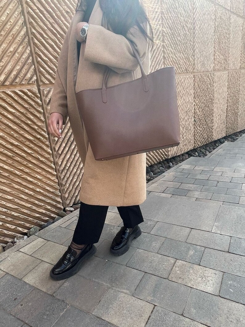 Dark Brown Leather Tote Bag Large Full Grain Tote with Interior Pocket image 9