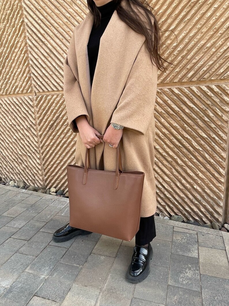 Dark Brown Leather Tote Bag Large Full Grain Tote with Interior Pocket image 7