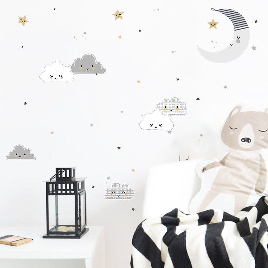 Wandtattoo Fürs Babyzimmer – Mit Wolken, Sternen, Mond Und Vogel, Personalisierbar, 1000 X 335 Mm