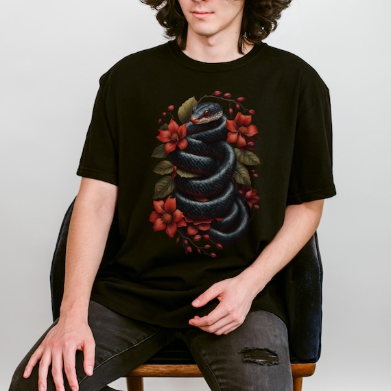 Red Rising Pit Viper Tshirt, Black Snake & Haemanthus Blossoms