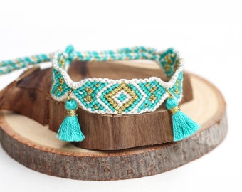 Turquoise Gold Boho Bohemian Friendship Bracelet, Woven Bracelet, Macrame Bracelet, Ethnic Colorful Bracelet