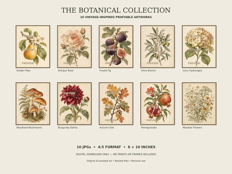 Vintage-inspired Botanical Wall Art Set of 10, Flowers Fruit & Foliage ...