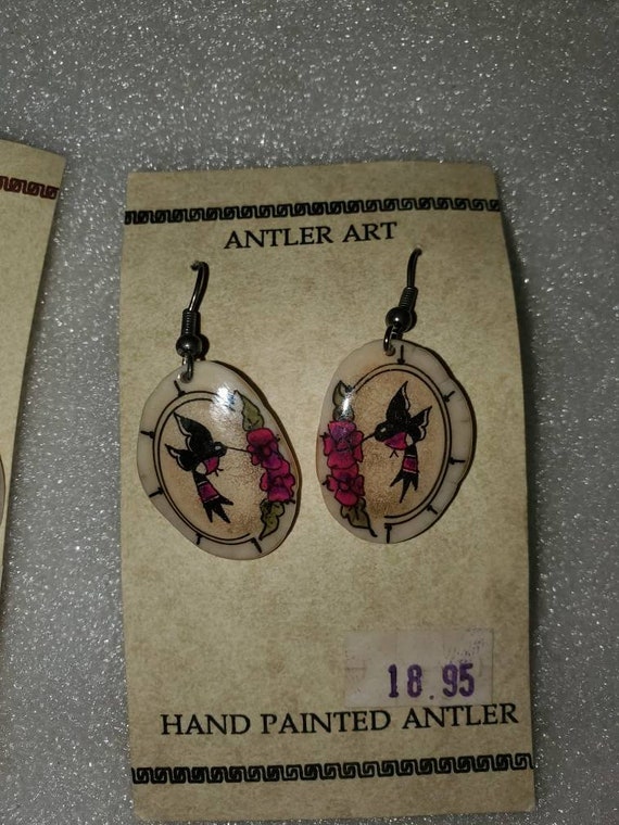 Carved antler earrings Hand Painted Feather Antler Earrings dangle earrings