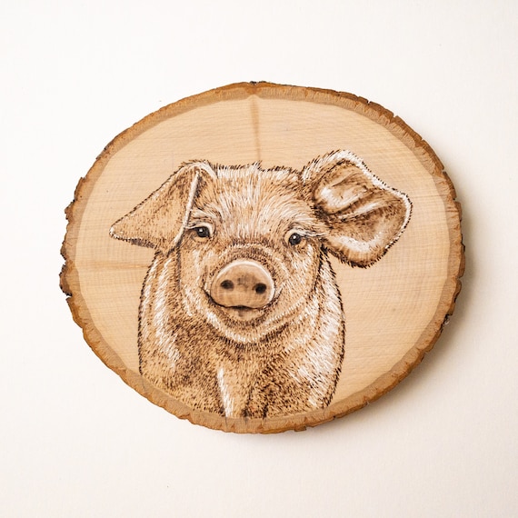 Wood-burned Smiling Pig Portrait- Wall Decor- Cottagecore- Nursery