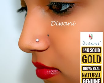 Real Diamonds & Amethyst Flower Wedding Nose Lip Labret Piercing Ring Stud Screw 