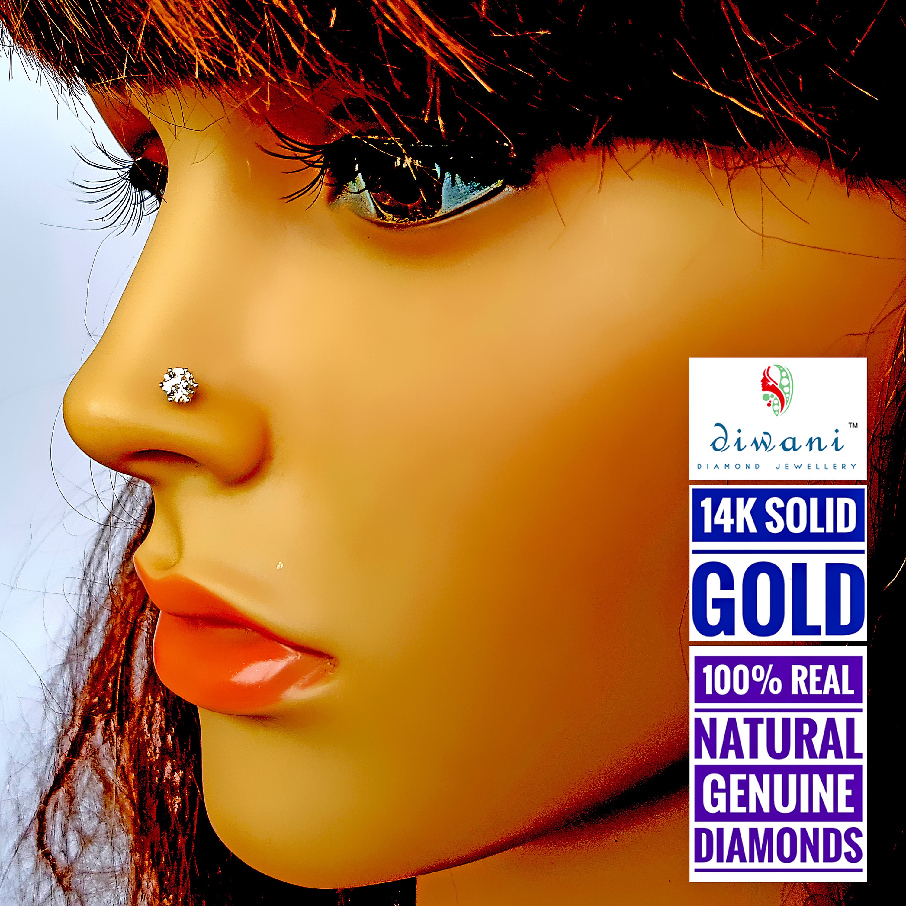 3.0mm Natural Diamond Nose Lip Labret Body Piercing Stud Ring Pin Screw 14k  Gold