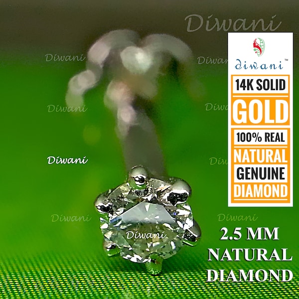 Diwani 2.5mm Natural VVS Solitaire Diamond Wedding Nose Lip Labret Piercing Screw Stud Ring Pin 14k Solid Gold 18 Gauge 8.0mm Post length