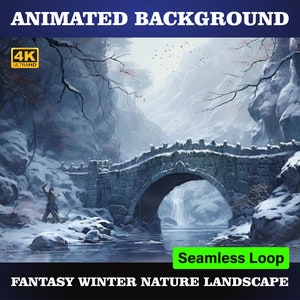 ANIMATED BACKGROUND | Winter&#39;s Touch on an Old Stone Bridge Over a Misty Icy Stream. 4K Looping Video Winter Background.